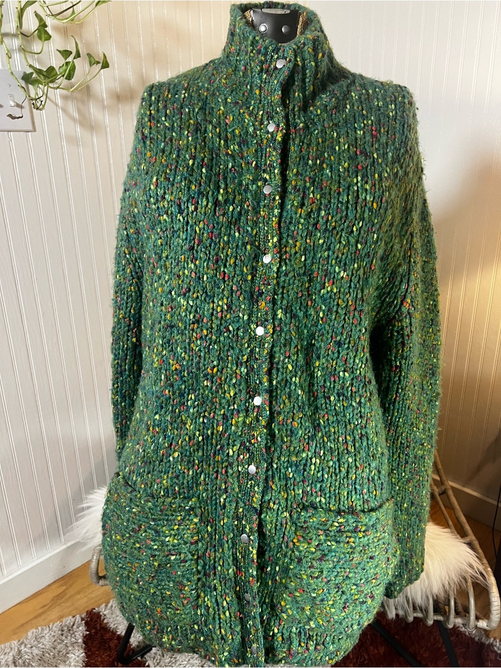 Green Chicos Tweed Knit Button-Front Women's Sweater